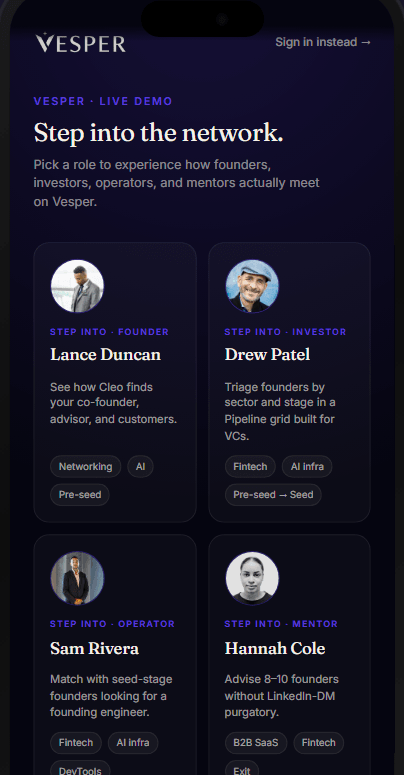 Vesper demo picker — step into one of four archetypes