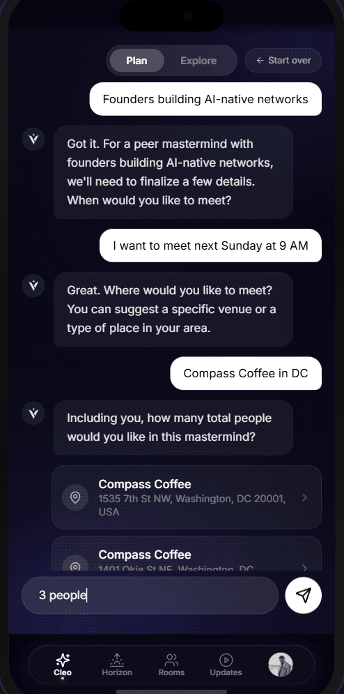 Cleo asking the next question in a planning conversation