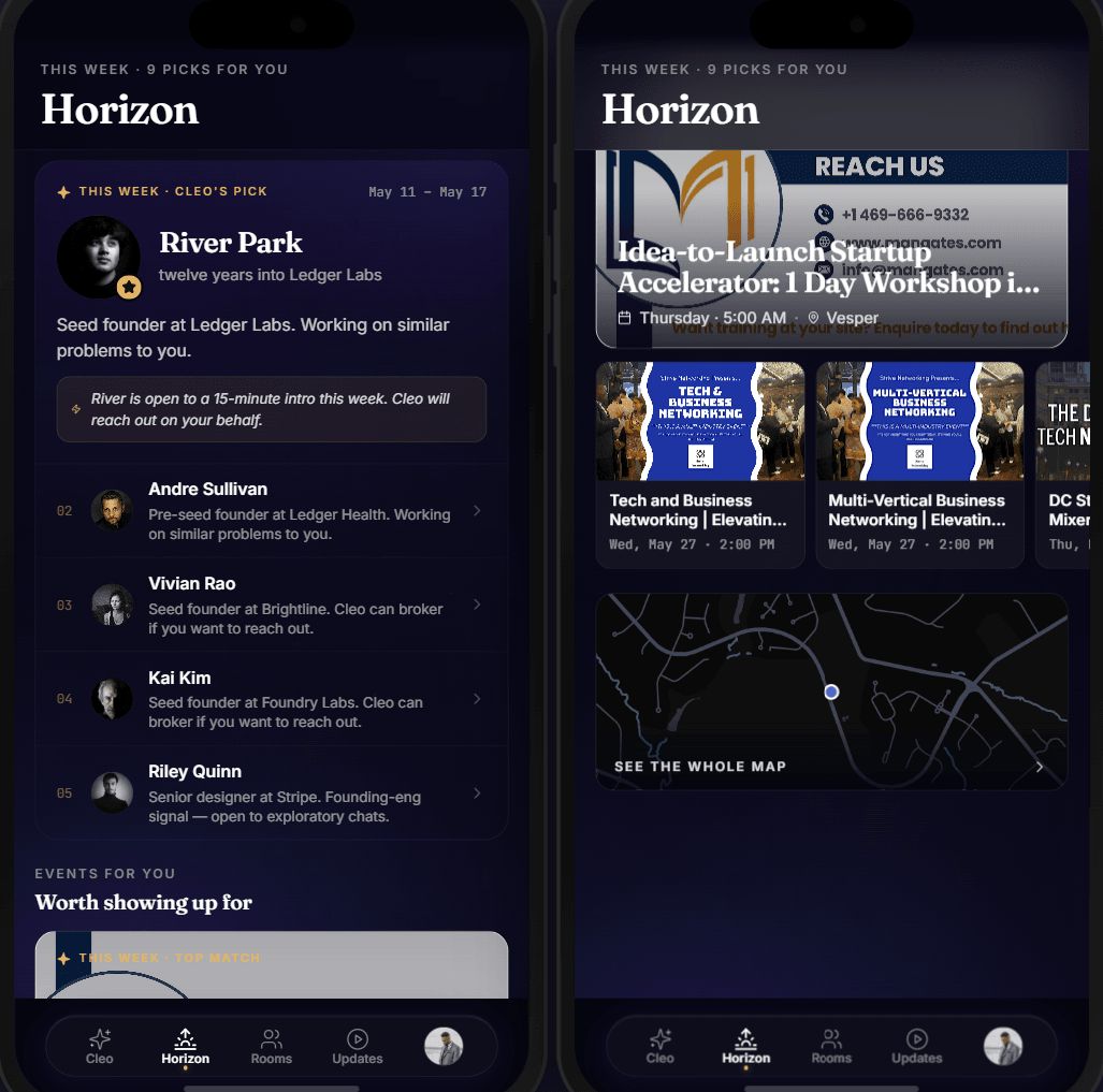 Horizon picks and the in-app map of nearby events