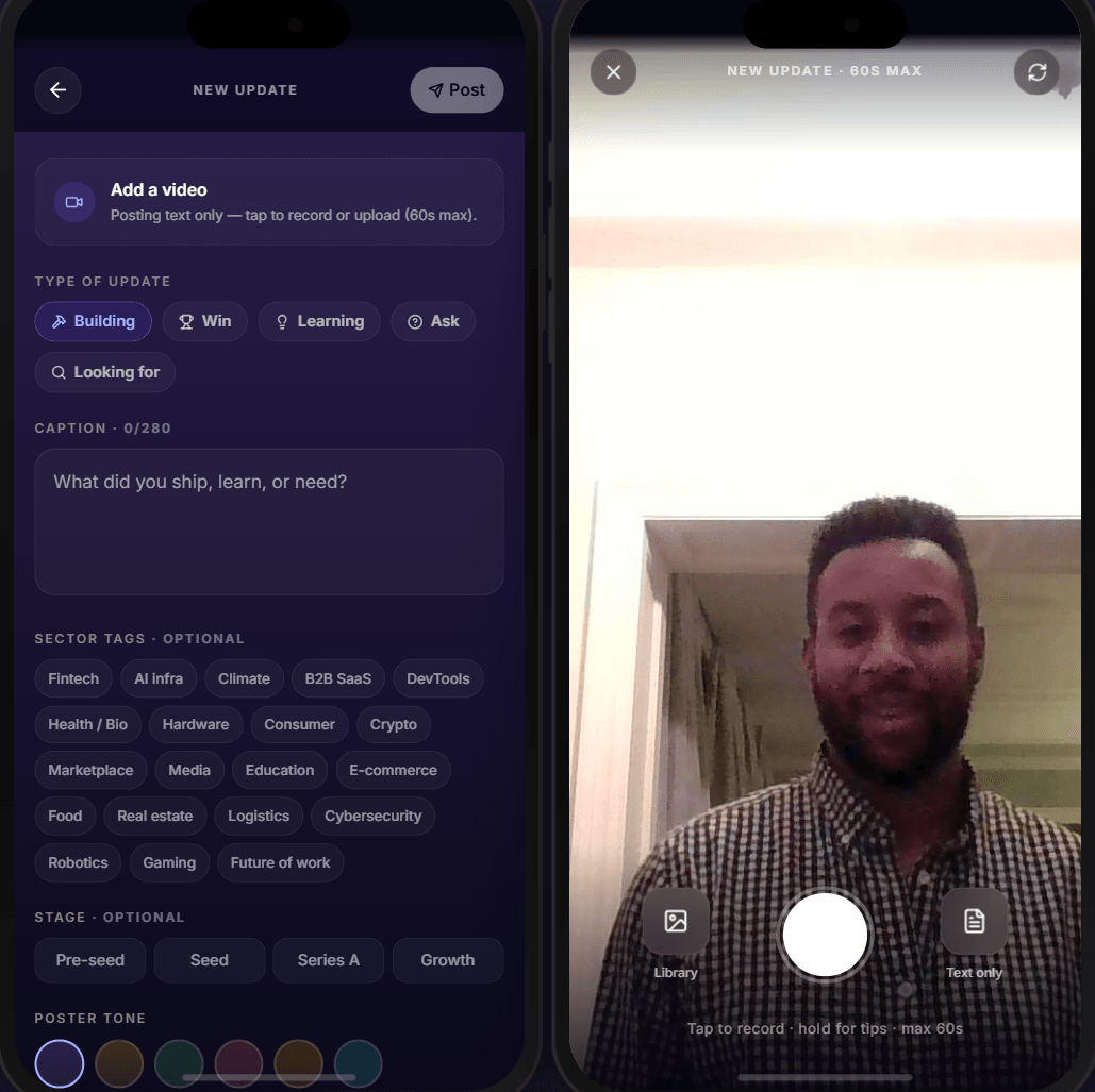 Updates create screen — caption form and video recording