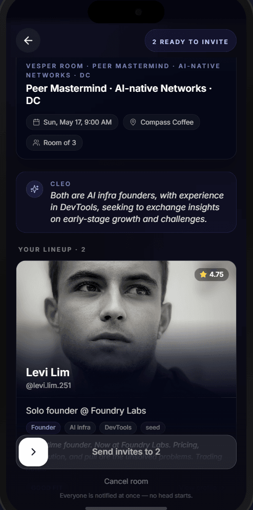 Matching screen showing a candidate profile with Trust Score